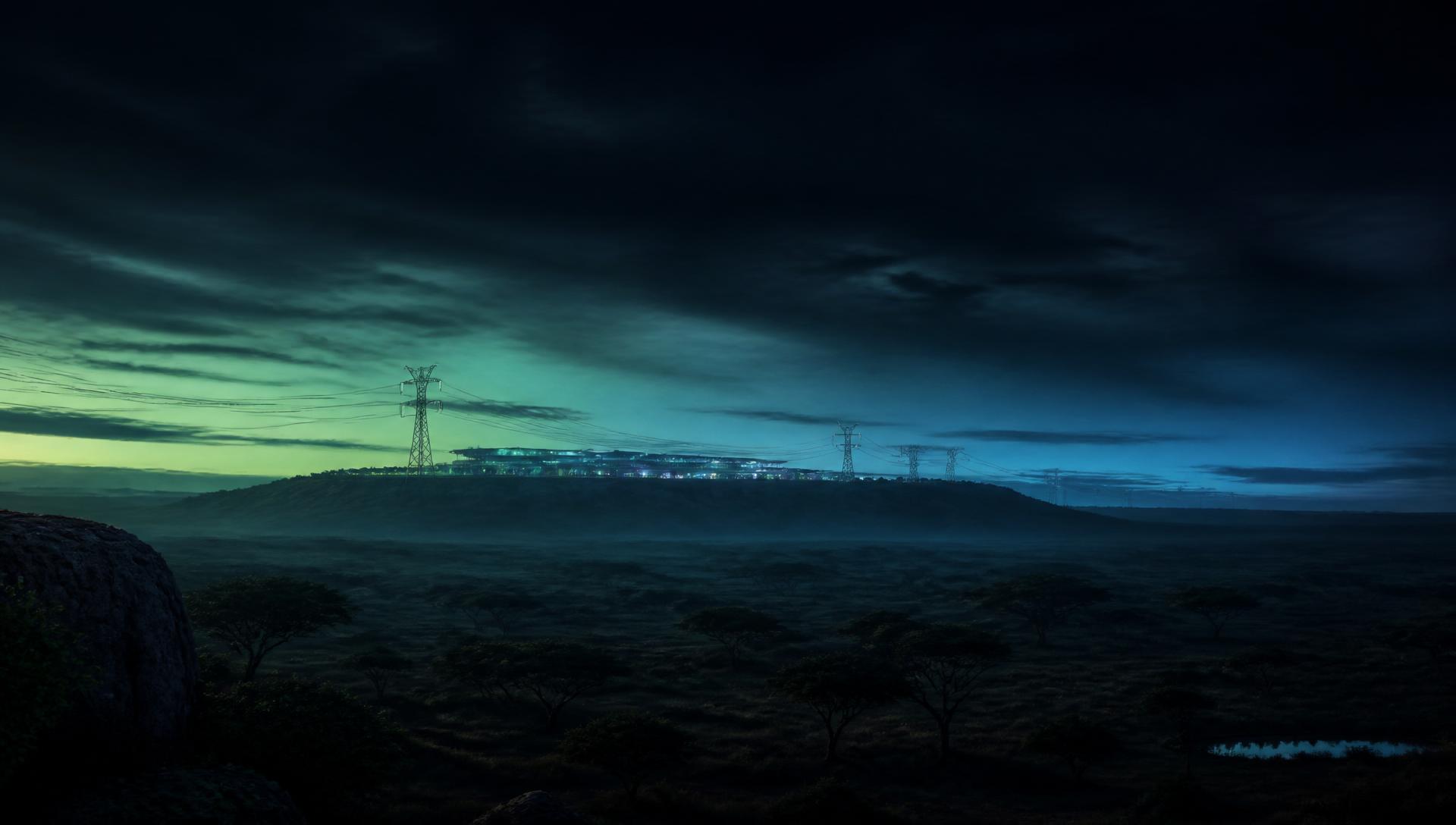 African plateau at dusk with distant power infrastructure